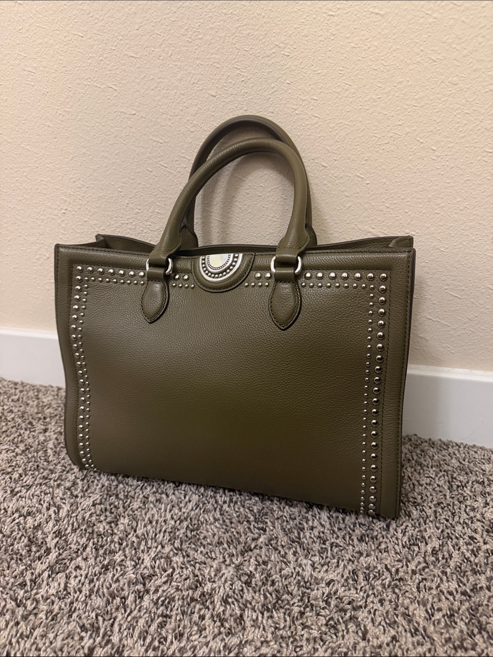 Brighton Studded Olive Green Leather Handbag with Crossbody Strap - Picture 2 of 16